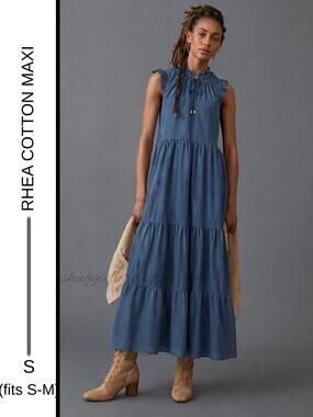 MSRP: $69 | ✨ Rhea Handmade 100% Cotton Tiered Maxi Dress Blue | Size S/M ✨